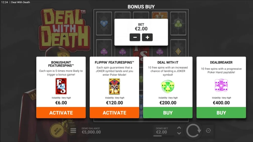 Tampilan visual futuristik slot Deal With Death dengan tema tengkorak croupier.