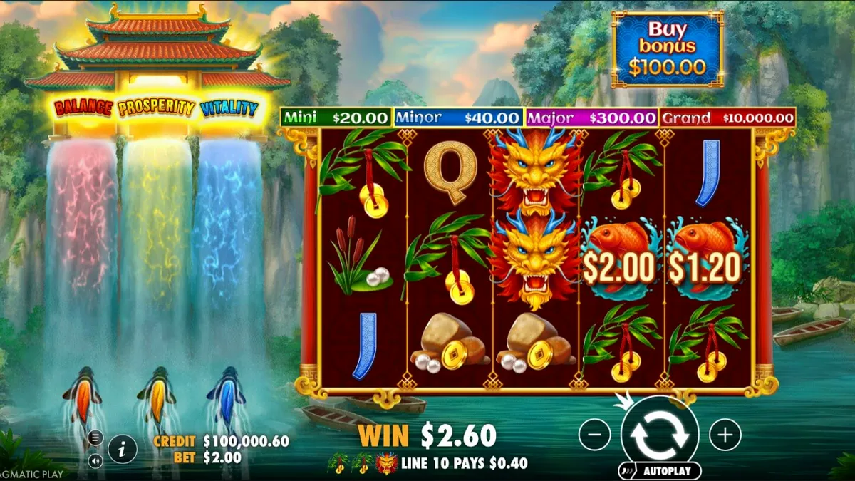 Visual naga emas dan koi dalam latar belakang pegunungan mistis di Dragon’s Gate Bonus Choice