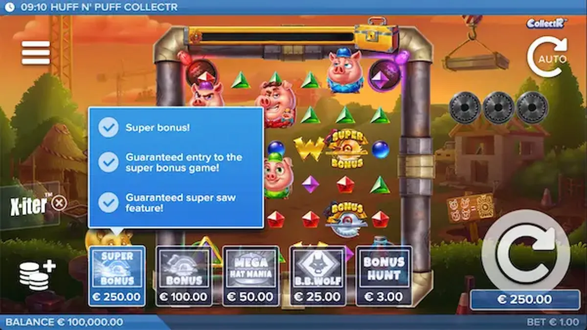 Tampilan visual slot Huff N' Puff CollectR dengan karakter babi dan serigala